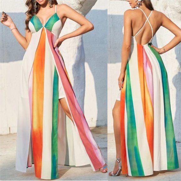 . Dresses & Skirts - Striped Split Thigh Chiffon Maxi Dress